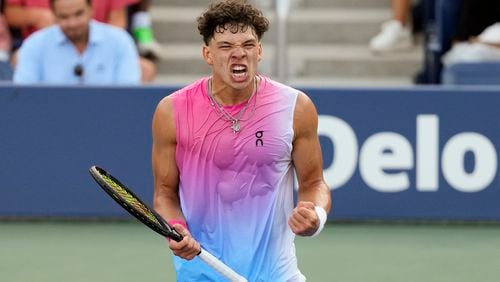 Ben Shelton, of the United States, reacts after defeating Roberto Bautista Agut, of Spain, during the second round of the U.S. Open tennis championships, Wednesday, Aug. 28, 2024, in New York. (AP Photo/Kirsty Wigglesworth)