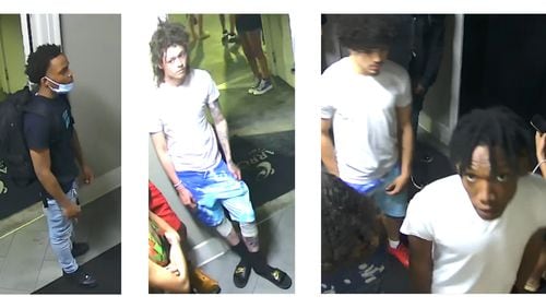 Atlanta police have released photos of three men suspected in a shooting that stemmed from a fight at a rooftop pool party in Buckhead.