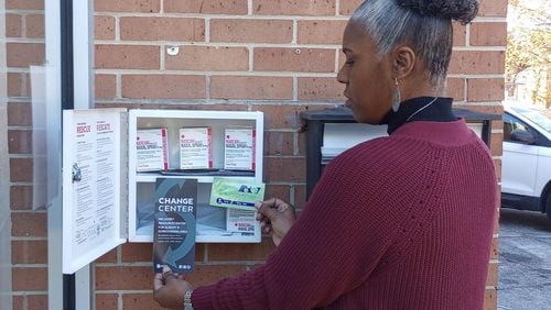 Change Center Director Alesha Burgman displays contents of the first of two Opioid Aid Kits to be located in Albany. The boxes can be accessed at all times and provide Narcan and other supplies needed to aid an individual experiencing an opioid overdose. (Photo Courtesy of Alan Mauldin)