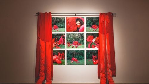 “No one ever really knows except the mother II (Merope & Epicaste)” includes house linens, polyester fiberfill, beads, a metal rod and digital photos printed on paper. Photo: Courtesy of Clint Fuller