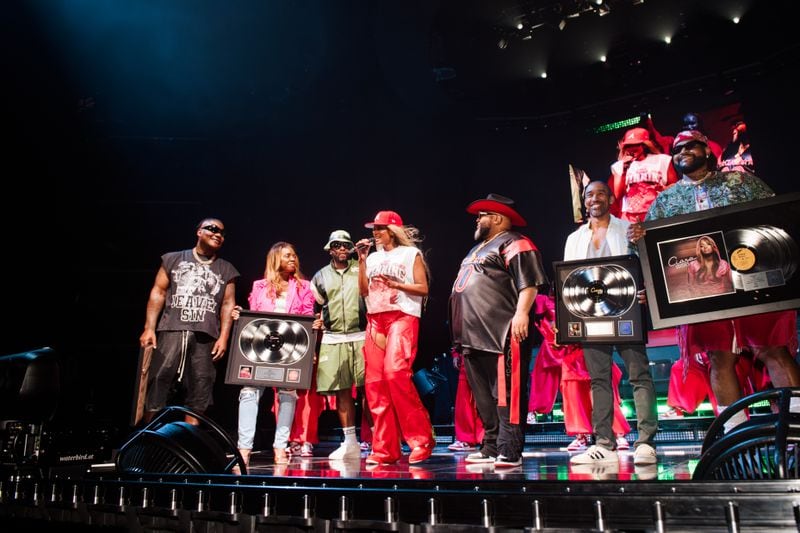 During Atlanta's first night of the Out of This World Tour, Decatur singer Ciara received plaques to commemorate the 20th anniversary of her debut album "Goodies." From left to right: Sean Garrett, Phillana Williams, Devyne Stephens, Ciara, Jazze Pha, Johntá Austin and Jasper Cameron. Photo credit: Michael Drummond