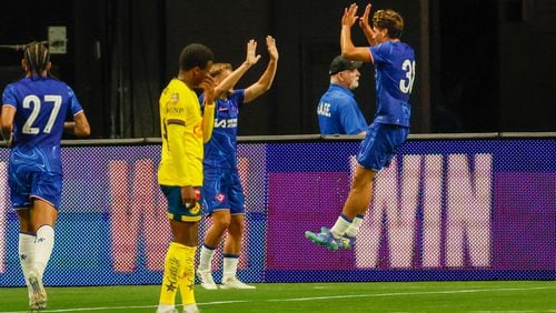Chelsea FC forward Marc Guiu (38) celebrates after scoring his team’s second goal during the first half at Mercedes-Benz Stadium on Wednesday, July 31, 2024. Chelsea won 3-0. 
(Miguel Martinez / AJC)