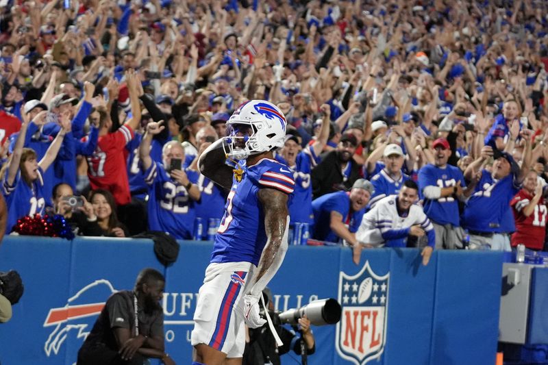 Buffalo Bills wide receiver Keon Coleman celebrates after scoring a touchdown against the Jacksonville Jaguars during the first half of an NFL football game Monday, Sept. 23, 2024, in Orchard Park, NY. (AP Photo/Steven Senne)