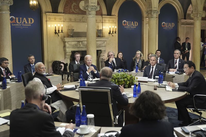 President Joe Biden, India's Prime Minister Narendra Modi, Australia's Prime Minister Anthony Albanese, Japan's Prime Minister Fumio Kishida and Secretary of State Antony Blinken, meets at the Quad leaders summit at Archmere Academy in Claymont, Del., Saturday, Sept. 21, 2024. (AP Photo/Mark Schiefelbein)