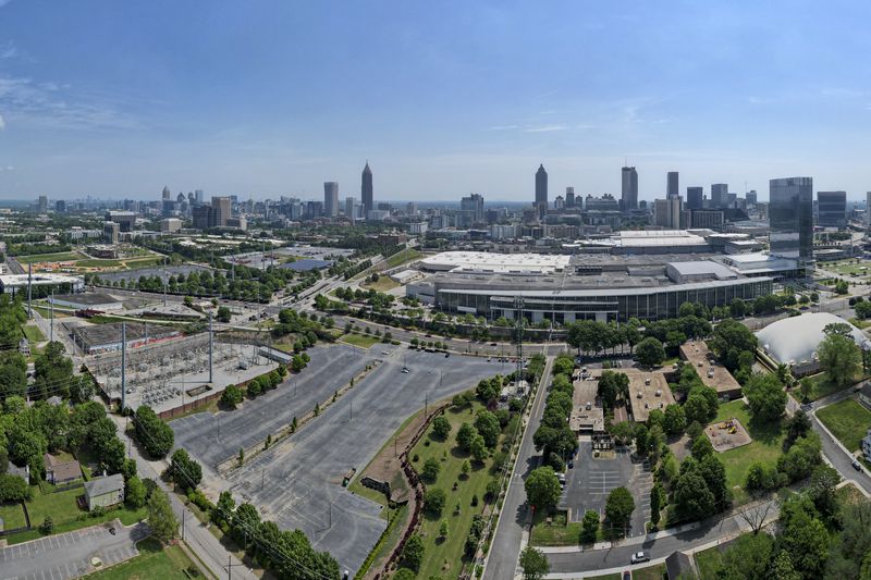 Drone aerial photo of the Georgia World Congress Center shot on Friday, May 3, 2024 including parking lots that could be redeveloped.Ê(Ben Gray / Ben@BenGray.com)