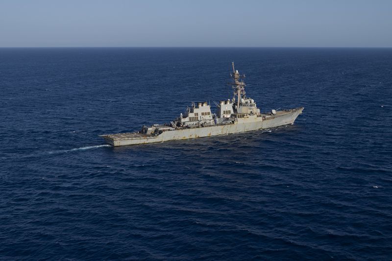 FILE - The Arleigh Burke-class guided missile destroyer USS Laboon sails in the Red Sea, June 12, 2024. (AP Photo/Bernat Armangue, File)