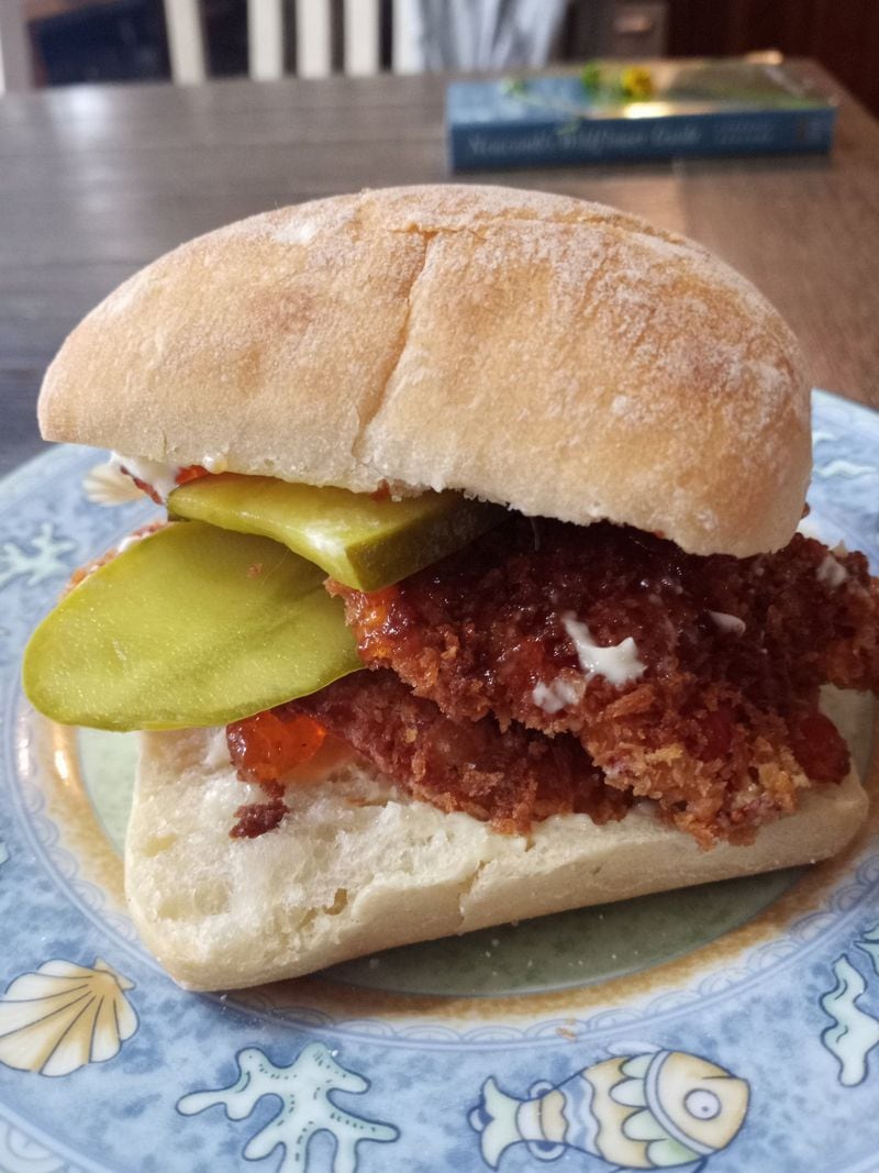 Anne-Marie Bilella, who holds mushroom walks and professional foraging workshops at her Monroe farm, turned the chicken of the woods mushroom into what she calls her “copycat” Chick-fil-A sandwich. 
(Courtesy of Anne-Marie Bilella)