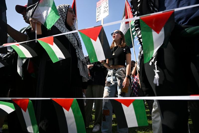 Protesters rally at a demonstration in Union Park during the Democratic National Convention Wednesday, Aug. 21, 2024, in Chicago. (AP Photo/Noah Berger)