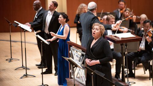 Robert Spano leads the Atlanta Symphony Orchestra and sopranos Christine Goerke and Laura Tatulescu, tenor David Walton and bass Arhutr Wooley during a performance of “Fidelio.”