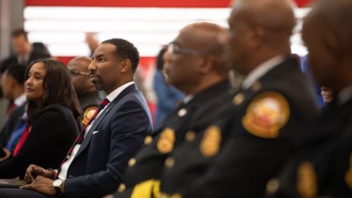 Atlanta Mayor Andre Dickens joins Fire Chief Rod Smith and southwest Atlanta community leaders as they celebrate the  opening of a new fire station at Princeton Lakes on Feb. 9, 2024.