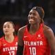 Atlanta Dream guard Rhyne Howard (10) reacts after a shot attempt during the first half against the Dallas Wings at Gateway Center Arena, Tuesday, May 21, 2024, in Atlanta. This is the Atlanta Dream’s home opener. (Jason Getz / AJC)
