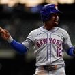 New York Mets' Francisco Lindor gestures to an umpire during the first inning of a baseball game against the New York Mets, Friday, Sept. 27, 2024, in Milwaukee. (AP Photo/Aaron Gash)