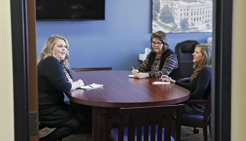 Gov. Brian Kemp’s office has added three new staffers, and plans to add two more, to help the Inspector General’s office keep tabs on statewide sexual harassment complaints. Currently on the job are (from left) General Counsel Bethany Whetzel, State Inspector General Deborah Wallace and Deputy Inspector General Jenna Wiese. BOB ANDRES / BANDRES@AJC.COM