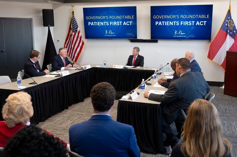 Gov. Brian Kemp holds a roundtable and press conference to discuss the first rollout milestone of the 2019 Patients First Act in Atlanta on Monday, Aug. 19, 2024.   (Ben Gray / Ben@BenGray.com)