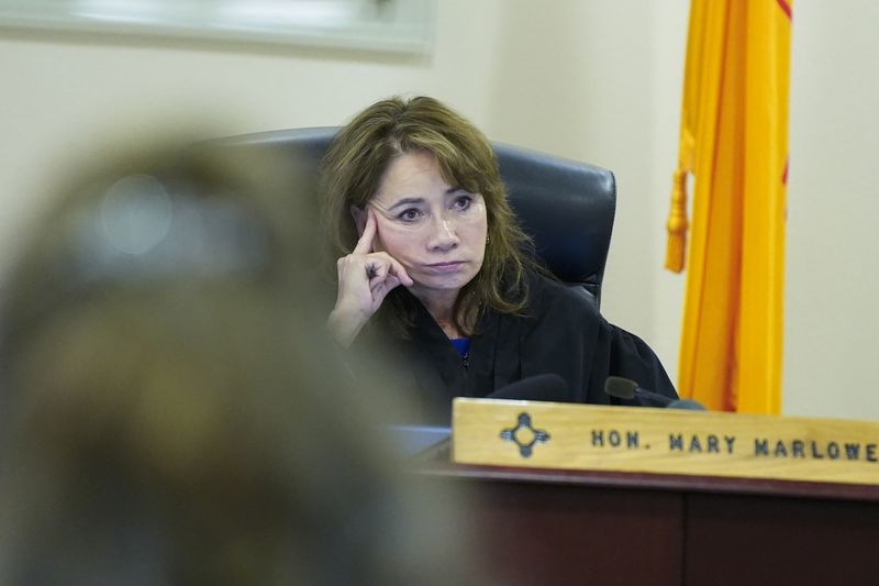 Judge Mary Marlowe takes part in Alec Baldwin's manslaughter trial for the 2021 fatal shooting of cinematographer Halyna Hutchins during filming of the Western movie "Rust", in Santa Fe, N.M., Thursday, July 11, 2024. (Ramsay de Give/Pool Photo via AP)