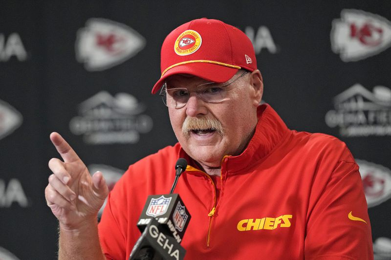 Kansas City Chiefs head coach Andy Reid talks to the media after an NFL football game against the Cincinnati Bengals Sunday, Sept. 15, 2024, in Kansas City, Mo. The Chiefs won 26-25. (AP Photo/Charlie Riedel)