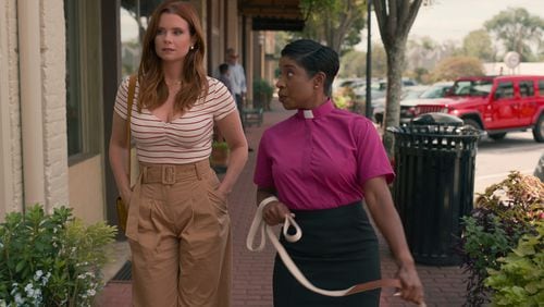 Sweet Magnolias. (L to R) JoAnna Garcia Swisher as Maddie, Tracey Bonner as Pastor June Wilkes in episode 308 of Sweet Magnolias. Cr. Courtesy of Netflix © 2023