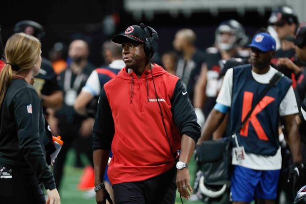 Atlanta Falcons head coach Raheem Morris looks at the field during the second half of an NFL football game against the Pittsburgh Steelers on Sunday, Sept. 8, at Mercedes-Benz Stadium in Atlanta. 
(Miguel Martinez/ AJC)