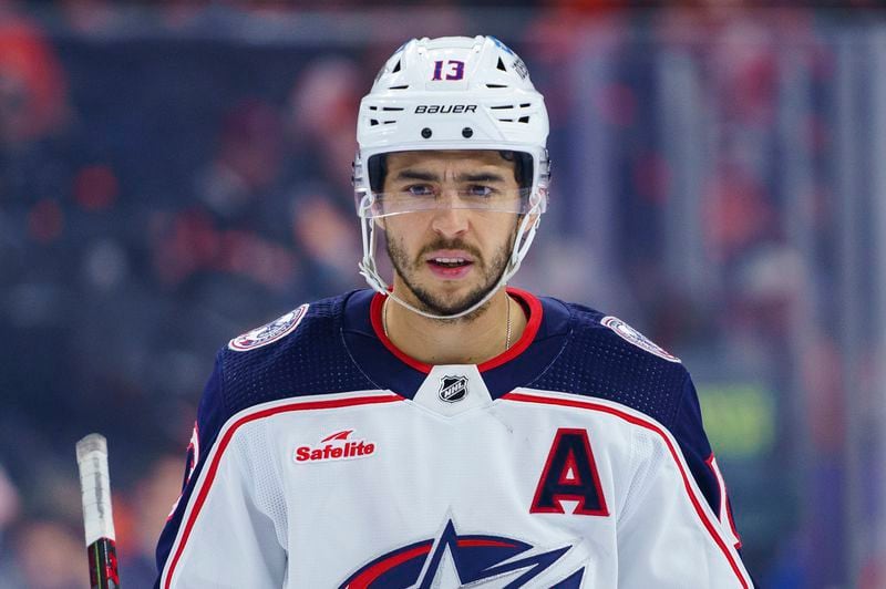 FILE - Columbus Blue Jackets' Johnny Gaudreau looks on during an NHL hockey game against the Philadelphia Flyers, Tuesday, April 11, 2023, in Philadelphia. (AP Photo/Chris Szagola, File)