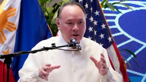 Philippine Defense Secretary Gilberto Teodoro Jr. gestures during his speech at an international military conference organized by the U.S. Indo-Pacific Command on Tuesday, Aug. 27, 2024, in Manila, Philippines. (AP Photo/Aaron Favila)