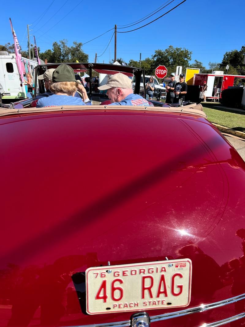 The back of the Carters' 1946 red Ford Convertible with the "46 RAG' license plate.