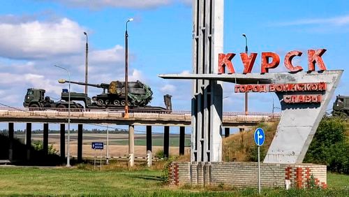 FILE - In this photo taken from video released by the Russian Defense Ministry on Aug. 9, 2024, a Russian military column moves to fight Ukrainian forces in the Sudzhansky district of the Kursk region of Russia. (Russian Defense Ministry Press Service via AP, File)