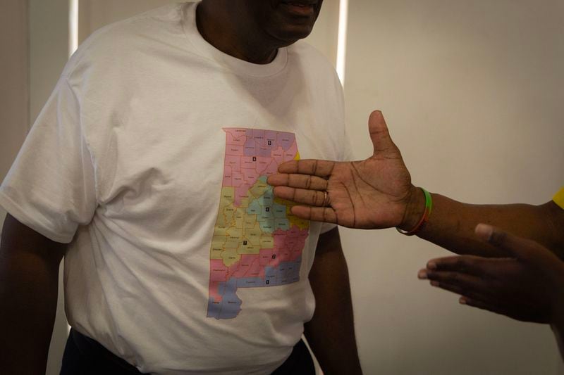 Benard Simelton, president of the Alabama NAACP, wears a shirt showing Alabama’s newly drawn congressional districts at New Bayside Baptist Church in Mobile, Ala., on June 15, 2024. The state NAACP was a plaintiff in the Allen v. Milligan case, which established a second majority-Black voting district in the state. (Photo by Jordan Moore/News21)