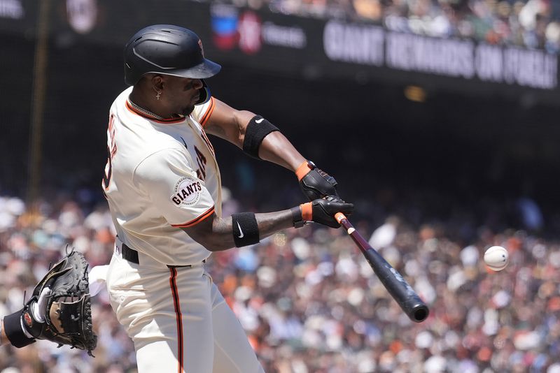 San Francisco Giants' Jorge Soler during a baseball game against the Philadelphia Phillies in San Francisco, Monday, May 27, 2024. (AP Photo/Jeff Chiu)