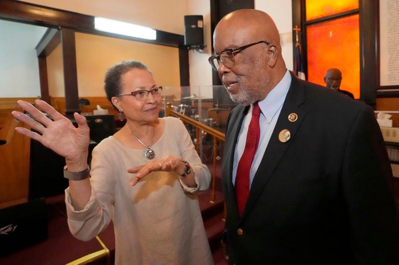 Euvester Simpson speaks with U.S. Rep. Bennie Thompson, D-Miss., June 8, 2024, in Winona, Miss., during the unveiling of a Mississippi Freedom Trail marker commemorating the brutality faced by her and other civil rights activists who were arrested in June 1963, at a bus station in Winona as they returned from an out-of-state citizenship training session. (AP Photo/Rogelio V. Solis)