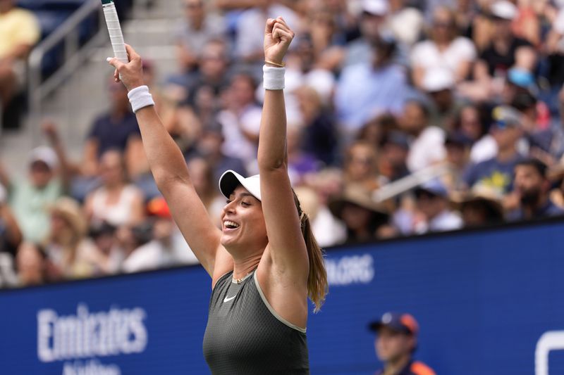 Paula Badosa, of Spain, reacts after defeating Elena-Gabriela Ruse, of Romania, during the third round of the U.S. Open tennis championships, Friday, Aug. 30, 2024, in New York. (AP Photo/Matt Rourke)