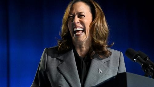 Vice President Kamala Harris reacts as she takes on the stage before she makes a speech to address abortion rights during a campaign stop at the Cobb Energy Performing Arts Centre, Friday, September 20, 2024, in Atlanta. The vice president and Democratic presidential nominee made a speech to address abortion rights after a ProPublica report linked the deaths of two Georgia women to the state’s GOP-backed policies. (Hyosub Shin / AJC)