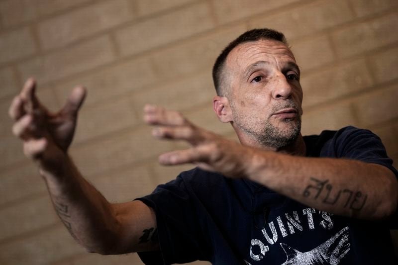 Mathieu Kassovitz speaks during an interview with Associated Press, in Tremblay-en-France, Tuesday, Sept. 17, 2024. (AP Photo/Christophe Ena)