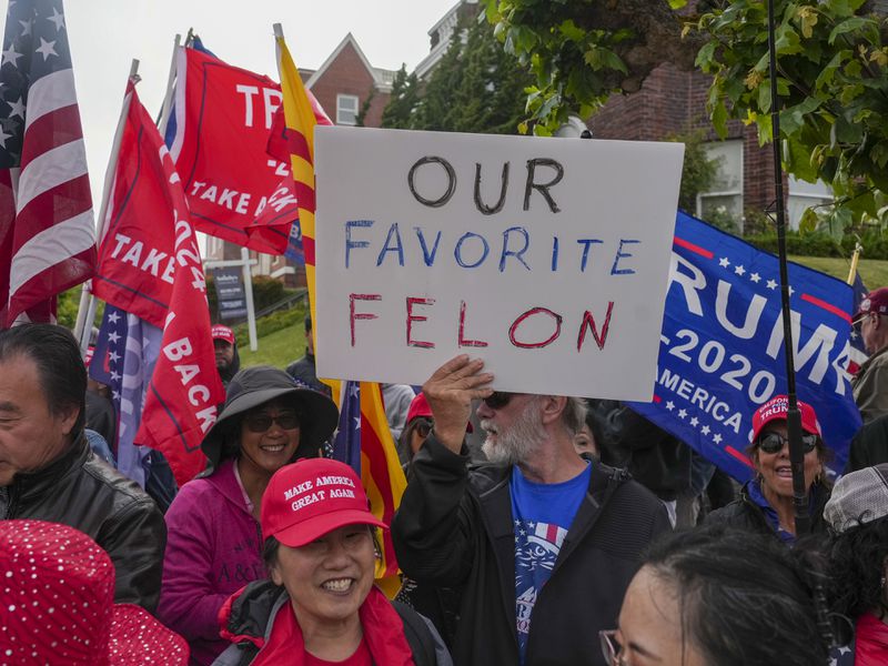 Supporters of former President Donald Trump gathered outside a recent fundraiser for him in San Francisco. Trump was convicted of 34 felony counts last month in New York. 