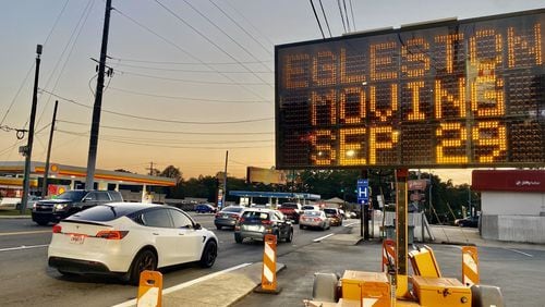 This sign is one of several this week warning drivers that on Sunday, Sept. 29, 2024, starting at 7 a.m. and for the next 12 hours, every child receiving care at Children’s Healthcare of Atlanta at Egleston at the Emory University Campus will be moved one by one by ambulance to a new hospital about 5 miles to its northwest. The new facility is at I-85 and North Druid Hills Road, and is called the Arthur M. Blank Hospital. State and local police will be watching traffic but do not yet plan to close roads.  Instead, motorists are advised to avoid the area Sunday. The move is to include roughly 310 children, from those in the ICU and the emergency room to those in regular medical beds and getting chemotherapy. (Ariel Hart/AJC)