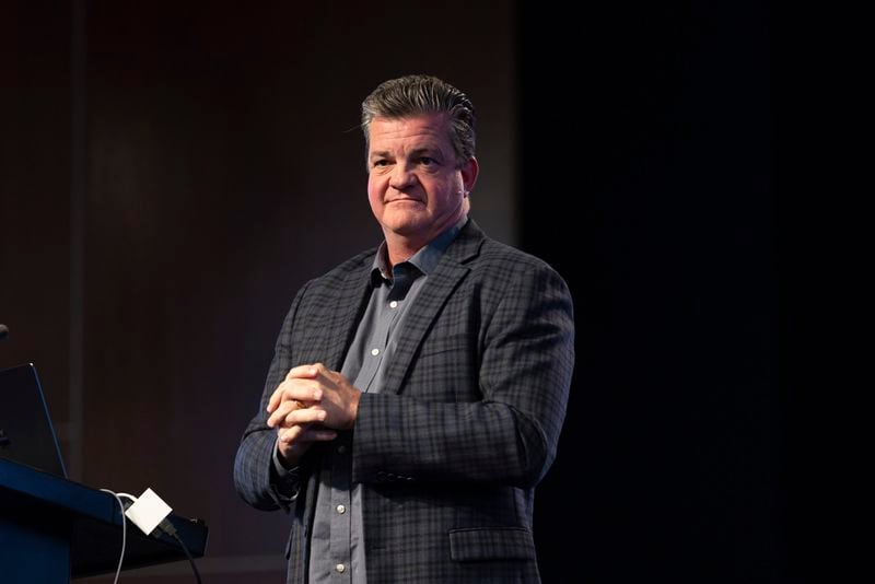 Robert Tyler speaks at a Comeback California Tour event at Revival Fellowship, Saturday, Sept. 21, 2024, in Menifee, Calif. (AP Photo/Zoë Meyers)