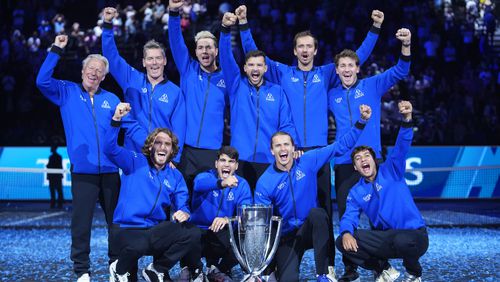 Team Europe celebrates after they defeated Team World for the Laver Cup in tennis, at the Uber arena in Berlin, Germany, Sunday, Sept. 22, 2024. (AP Photo/Ebrahim Noroozi)