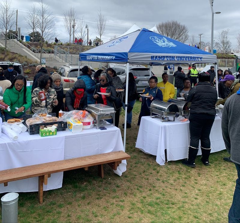More than 200 people attended a tailgate party outside the Mercedes Benz Stadium ahead of the Honda Battle of the Bands. The Hampton University band performed at the event. (Photo Courtesy Carl Abbott)