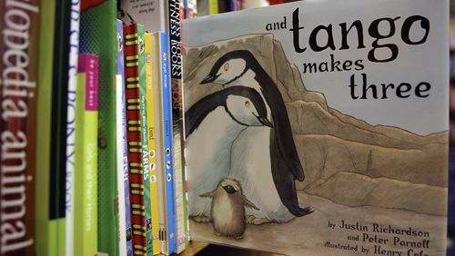 FILE - A copy of the book titled "And Tango Makes Three" is photographed on a bookstore shelf in Chicago, Nov. 16, 2006. (AP Photo/Nam Y. Huh, File)