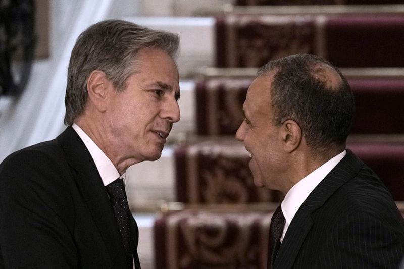 US Secretary of State Antony Blinken, left, speaks to Egyptian Foreign Minister Badr Abdelatty, after their press conference at Tahrir Palace in Cairo, Egypt, Wednesday, Sept. 18, 2024.(AP Photo/Amr Nabil)