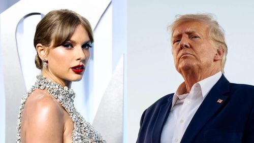 Former President Trump shared multiple fake images of young women in “Swifties for Trump” shirts, including an AI-generated image of Taylor Swift in Uncle Sam attire urging people to vote for him. (Courtesy of Arturo Holmes, Brandon Bell; Getty Images)