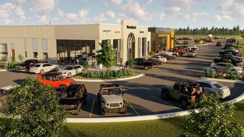 Artist’s rendering depicts the Dodge-Jeep vehicle dealership and service center proposed for the southwest corner of Ridgewalk Parkway and Ridge Trail in Woodstock. The proposal has split Woodstock City Council members. CITY OF WOODSTOCK