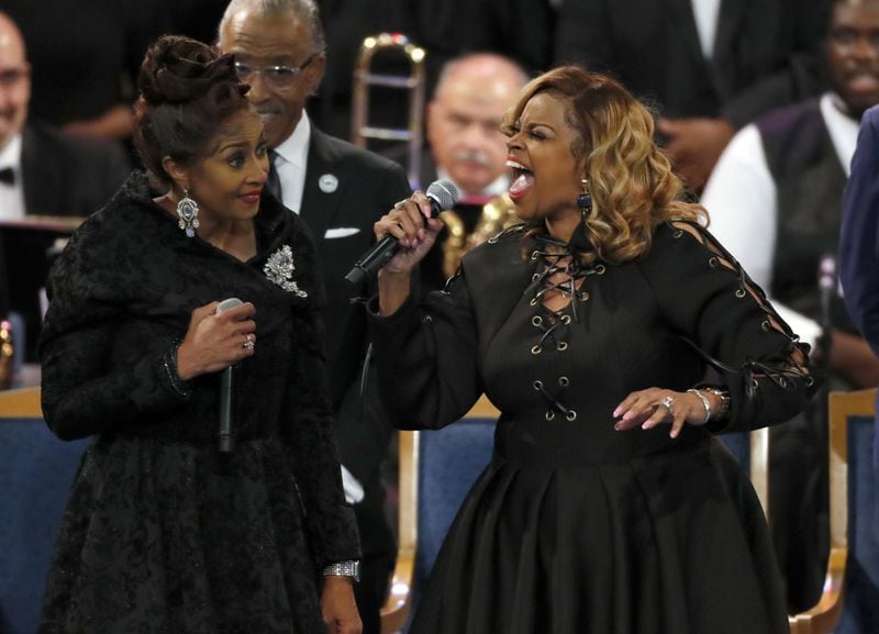 Dorinda Clark Cole (left) and Karen Clark Sheard, who are part of the Clark Sisters, perform during the funeral service for Aretha Franklin on Aug. 31, 2018, in Detroit. AP PHOTO / PAUL SANCYA