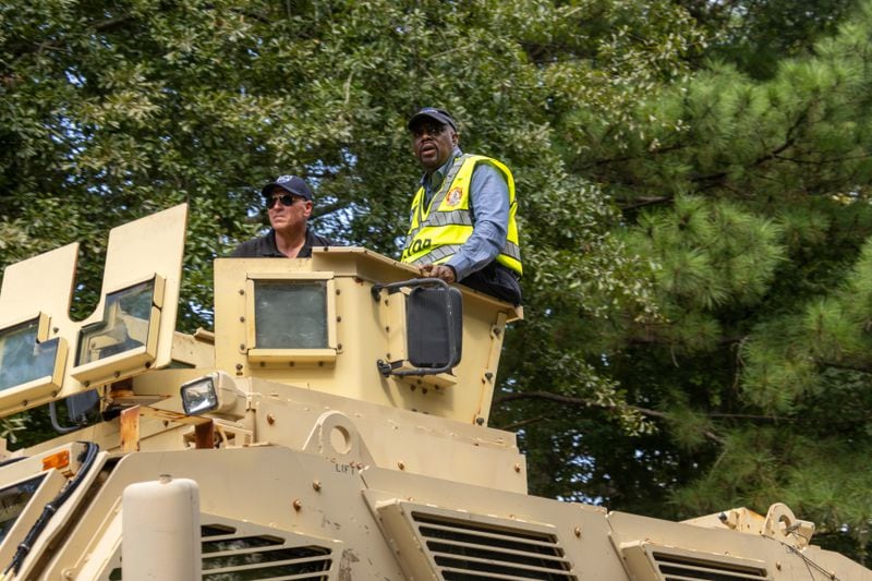 Savannah Mayor Van R Johnson drives around in a military-grade police unit to check on the flooding and residents on Monday, August 12, 2024, in Savannah, GA.  Katelyn Myrick/AJC