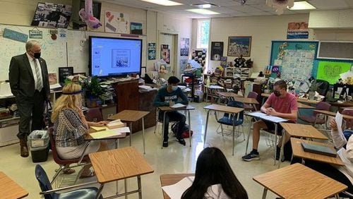 Superintendent Richard Woods meets with students in Ben Hill County at Fitzgerald High School, his alma mater.