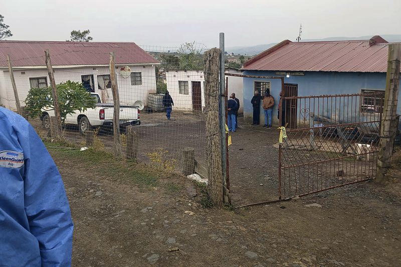 This photo supplied by the South Africa Police Services (SAPS) shows the scene where seventeen people were killed in two mass shootings that took place in close proximity to each other Friday night in Lusikisiki, South Africa, police said Saturday, Sept. 28, 2024. (South African Police Services via AP)