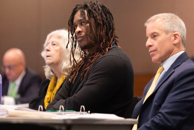 Jeffrey Williams, known as Rapper Young Thug, listens during grand jury selection alongside his attorney Brian Steel at at Fulton County Courthouse on August 14, 2023 in Atlanta. (Michael Blackshire/Michael.blackshire@ajc.com)