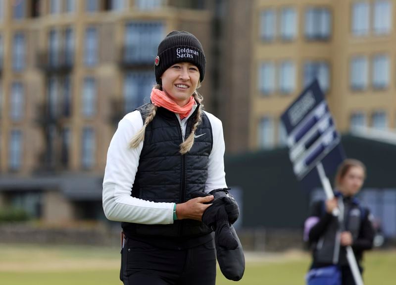 United States' Nelly Korda leaves the 3rd tee during the first round of the Women's British Open golf championship, in St Andrews, Scotland Thursday, Aug. 22, 2024. (AP Photo/Scott Heppell)