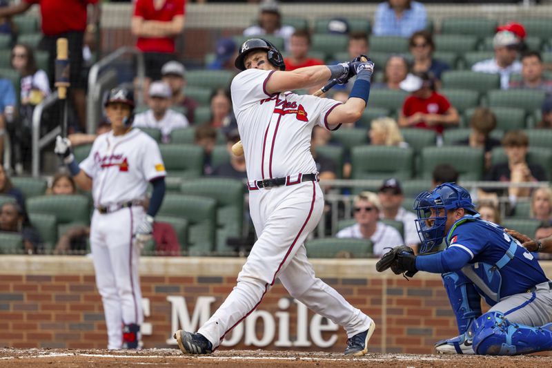 Atlanta Braves catcher Sean Murphy swings for a called strike in the fourth inning of a baseball game against the Kansas City Royals, Sunday, Sept. 29, 2024, in Atlanta. (AP Photo/Jason Allen)