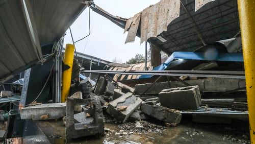 A warehouse on Wendell Court was damaged during strong storms that rolled through metro Atlanta on Tuesday morning.