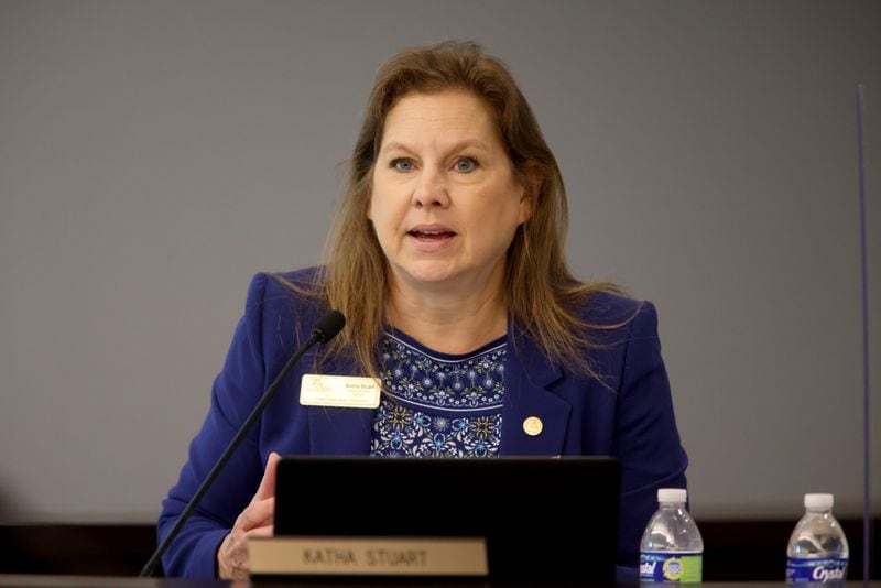 Fulton County School Board District 1 member Katha Stuart is shown during a meeting at the Fulton County district’s North Learning Center, Tuesday, May 3, 2022, in Sandy Springs. Stuart is resigning from her position on the board. (Jason Getz / Jason.Getz@ajc.com)